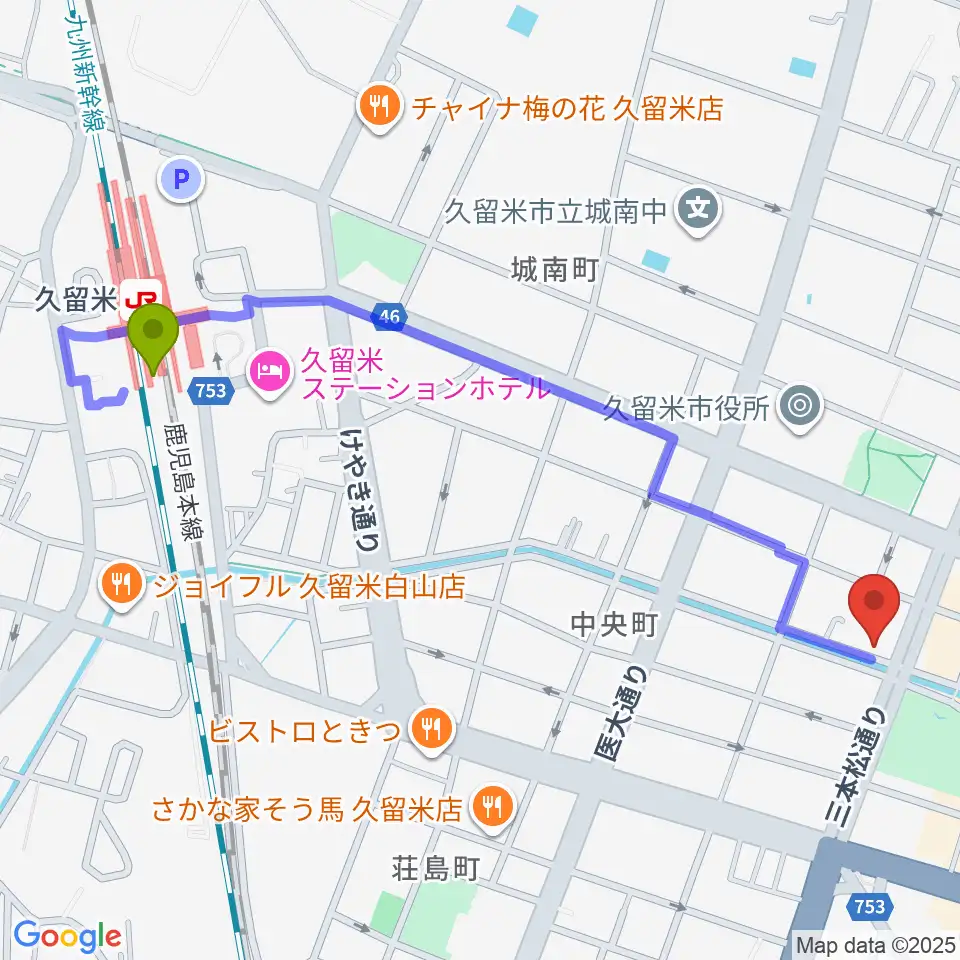 ドリームスエフエムの最寄駅久留米駅からの徒歩ルート（約13分）地図