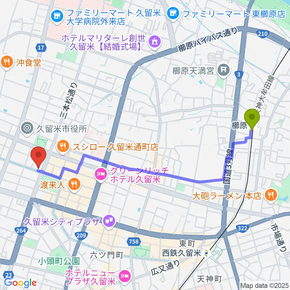 櫛原駅からドリームスエフエムへのルートマップ地図
