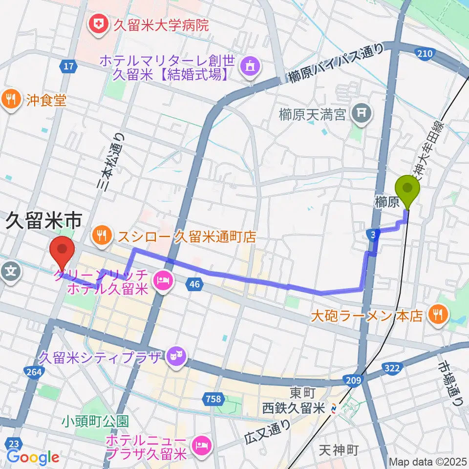 櫛原駅からドリームスエフエムへのルートマップ地図