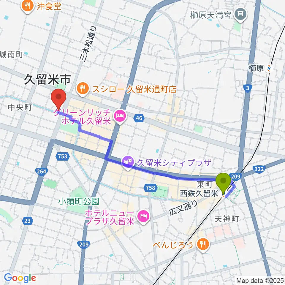 西鉄久留米駅からドリームスエフエムへのルートマップ地図