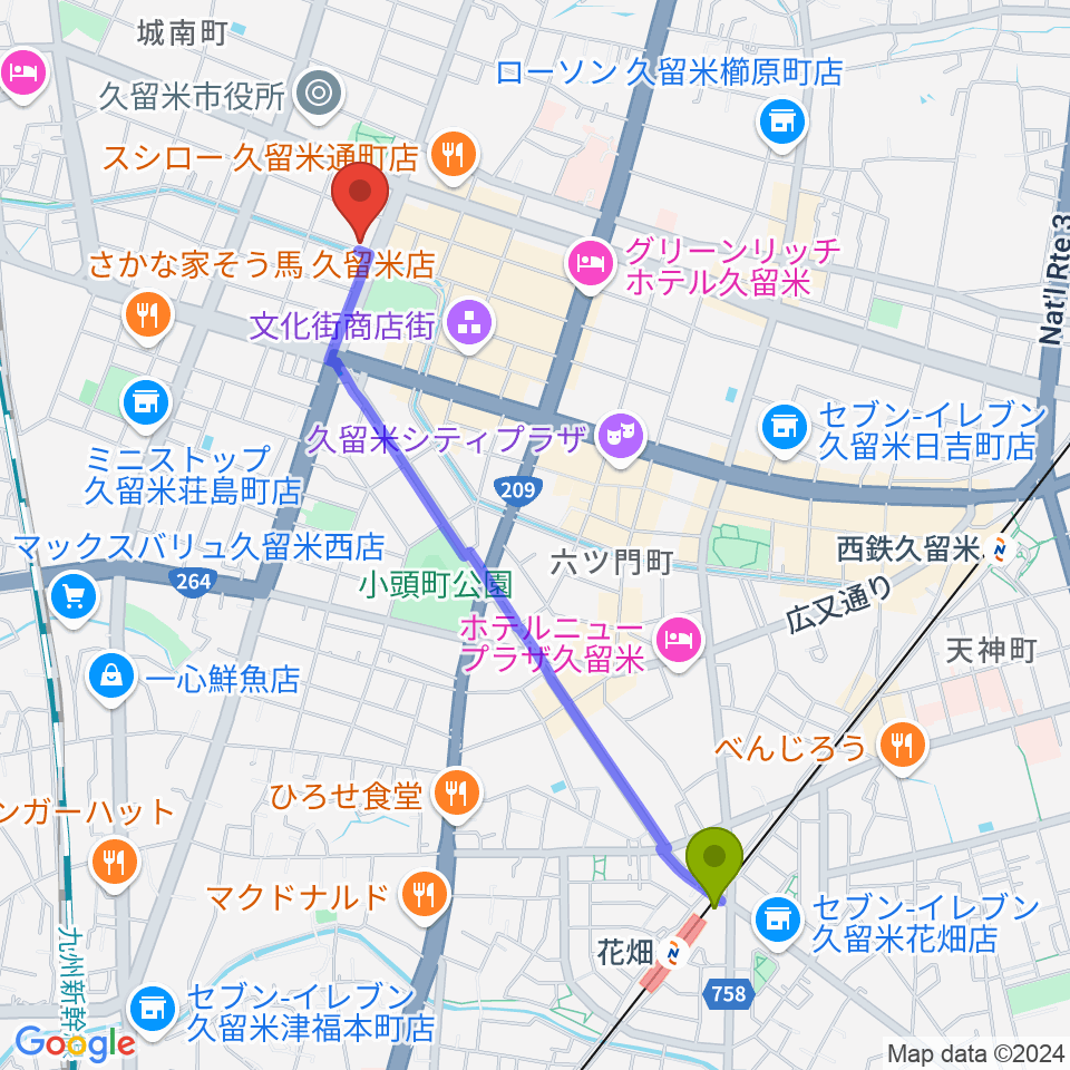 花畑駅からドリームスエフエムへのルートマップ地図