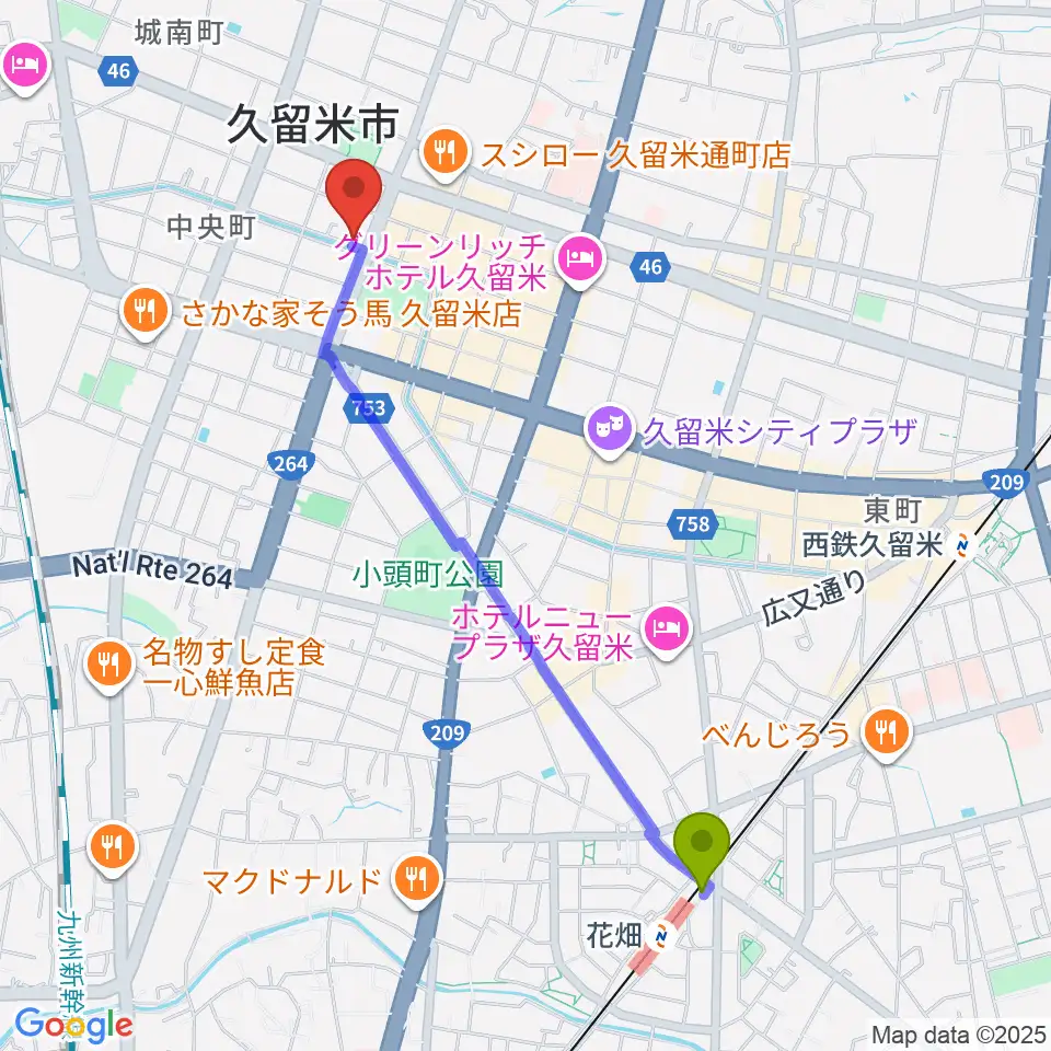 花畑駅からドリームスエフエムへのルートマップ地図