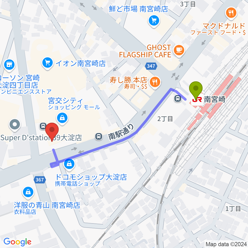 宮崎サンシャインFMの最寄駅南宮崎駅からの徒歩ルート（約5分）地図