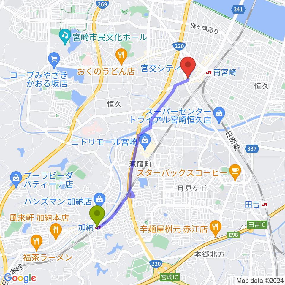 加納駅から宮崎サンシャインFMへのルートマップ地図