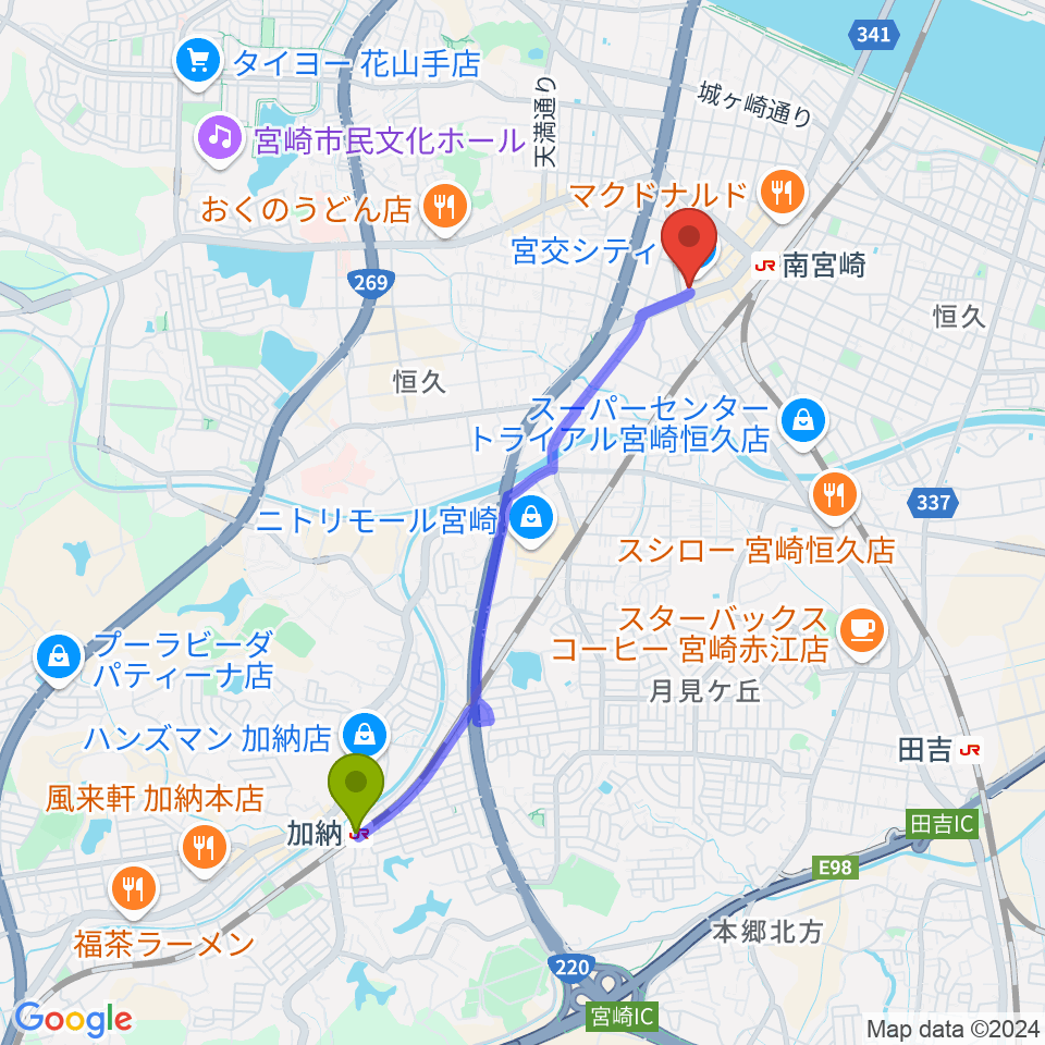 加納駅から宮崎サンシャインFMへのルートマップ地図