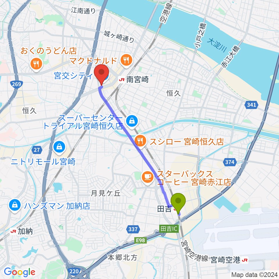 田吉駅から宮崎サンシャインFMへのルートマップ地図