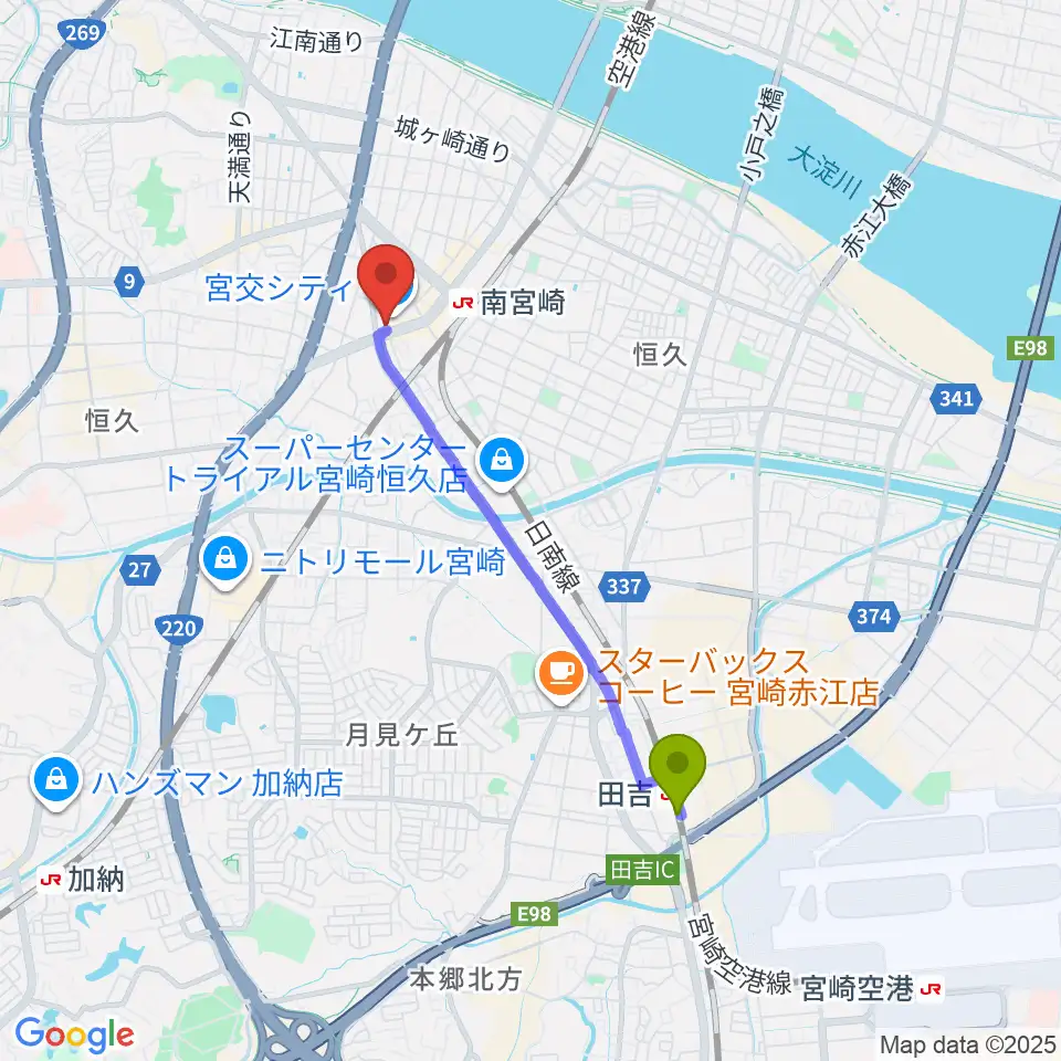田吉駅から宮崎サンシャインFMへのルートマップ地図