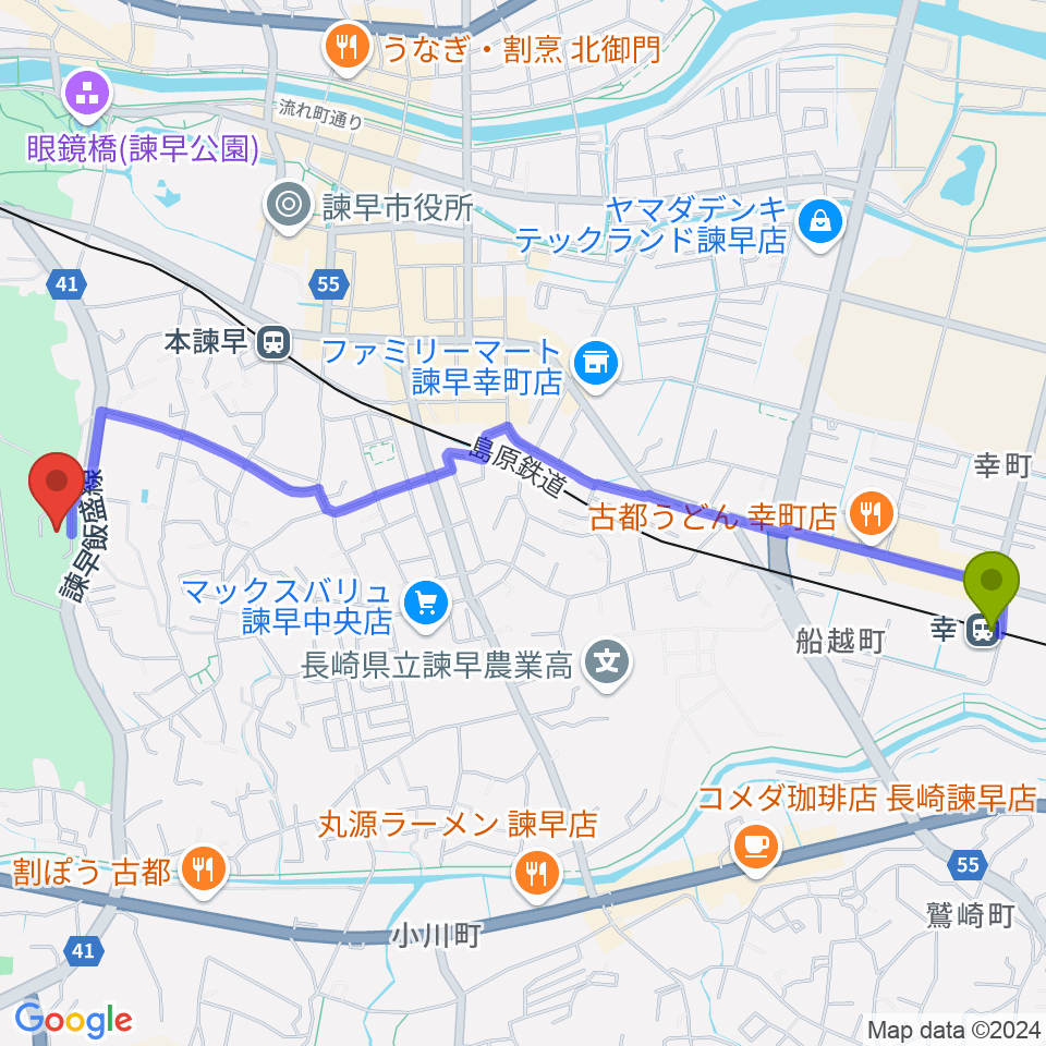 幸駅からエフエム諫早 レインボーFMへのルートマップ地図