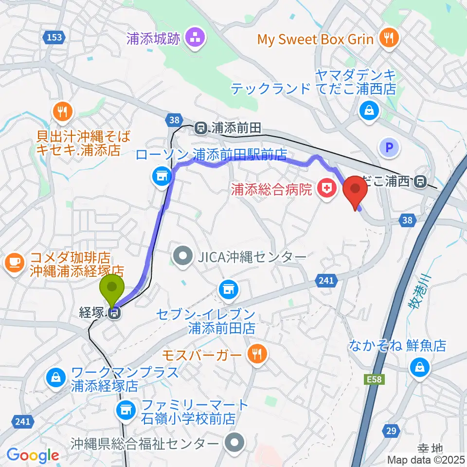 経塚駅からFM21へのルートマップ地図