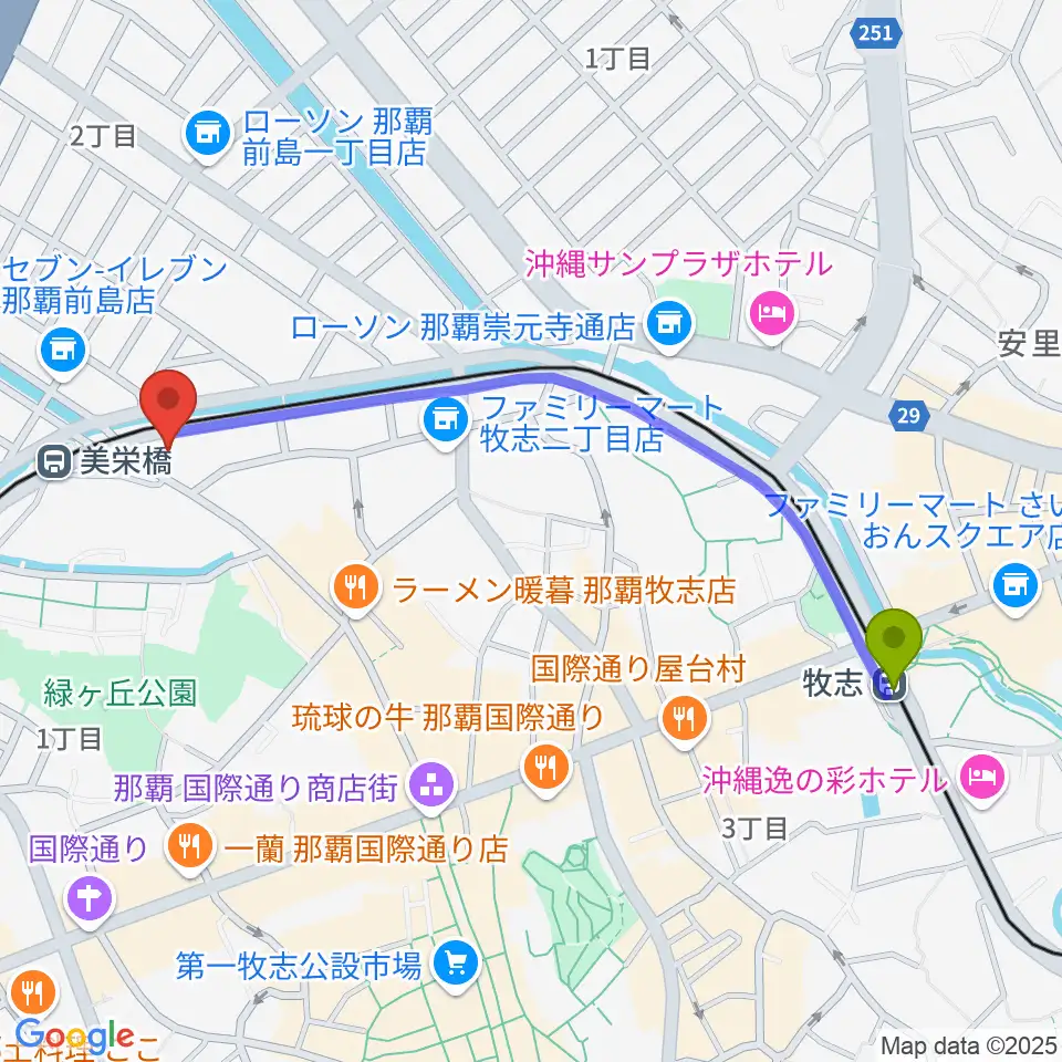 牧志駅からfm那覇へのルートマップ地図