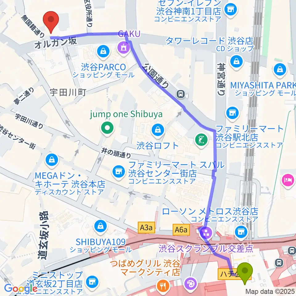 aube渋谷の最寄駅渋谷駅からの徒歩ルート（約8分）地図