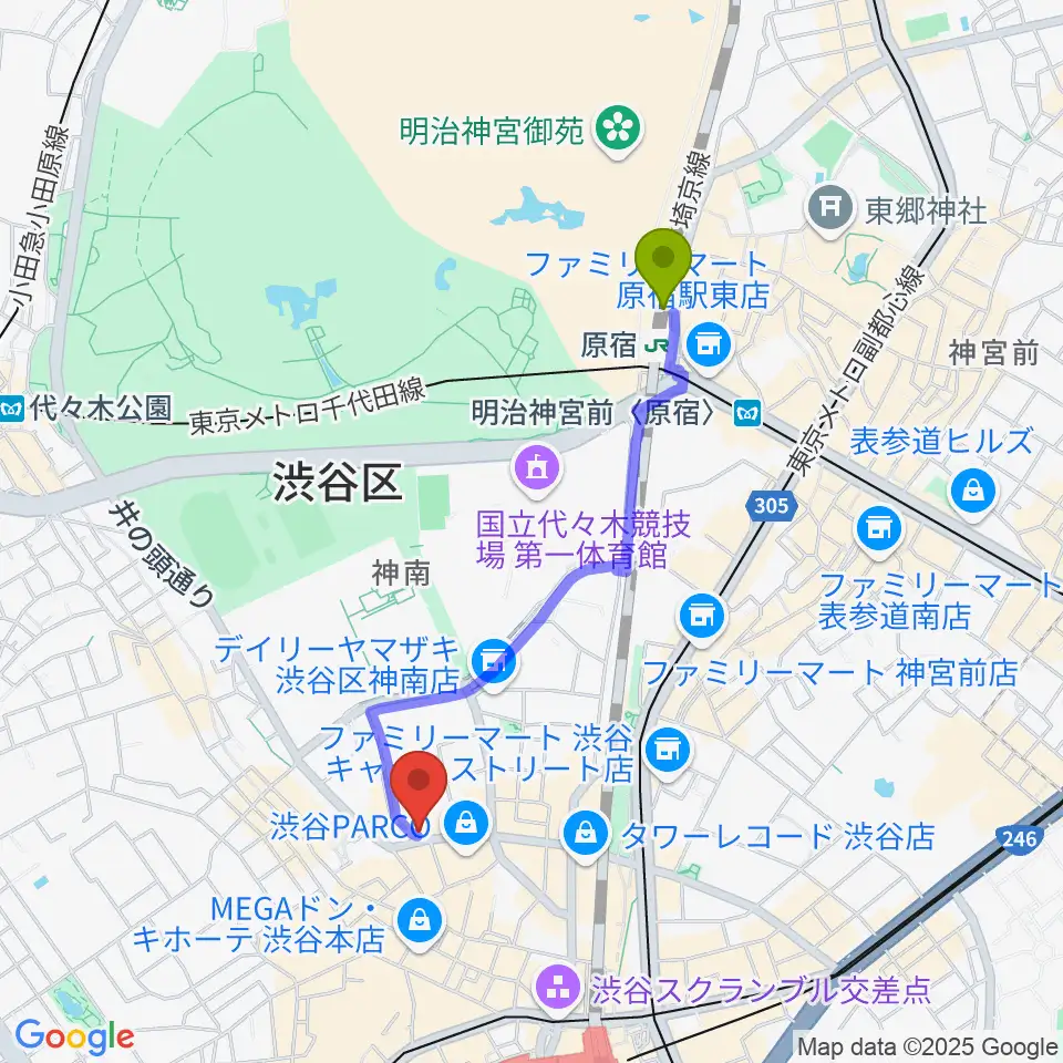 原宿駅からaube渋谷へのルートマップ地図