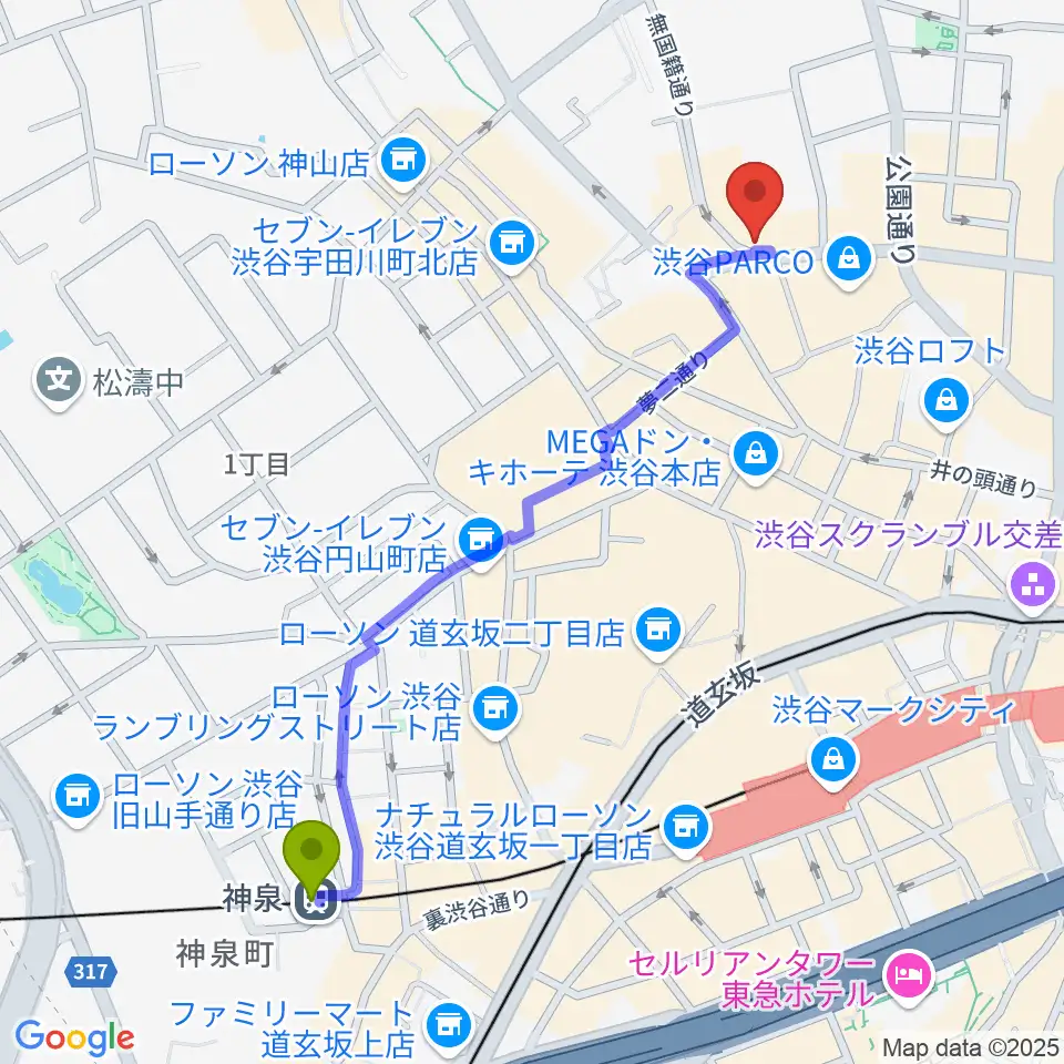 神泉駅からaube渋谷へのルートマップ地図