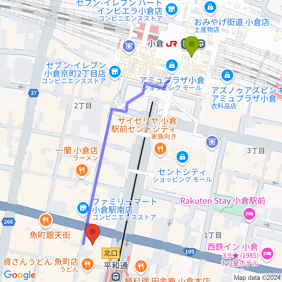 小倉駅からFM KITAQへのルートマップ地図