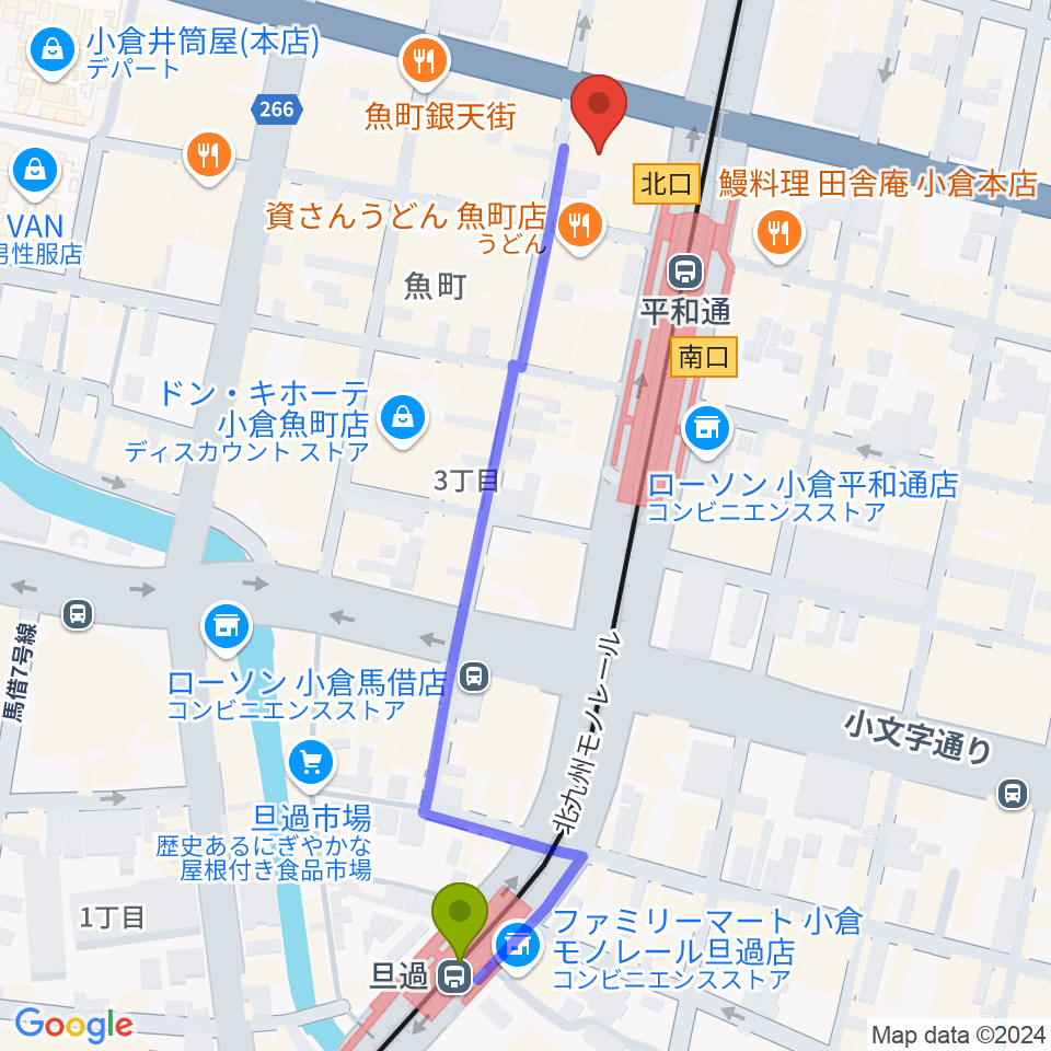 旦過駅からFM KITAQへのルートマップ地図