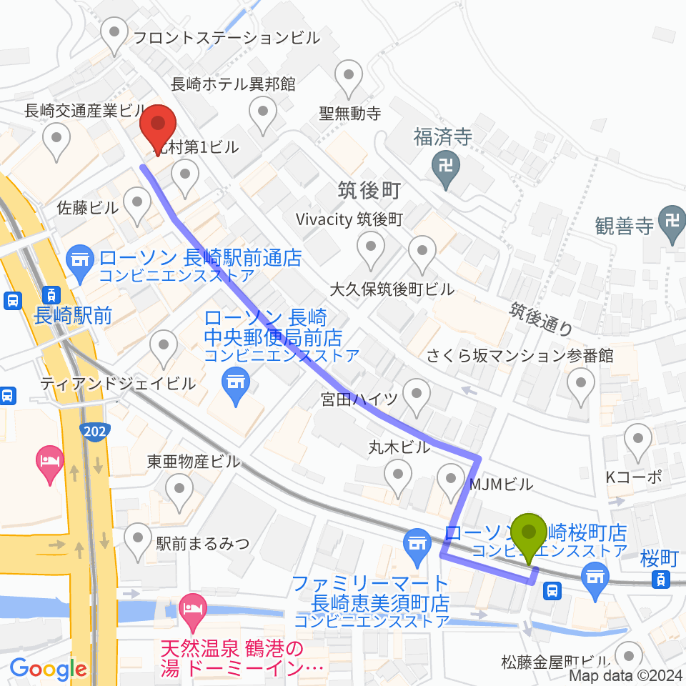 桜町駅から長崎市民FMへのルートマップ地図