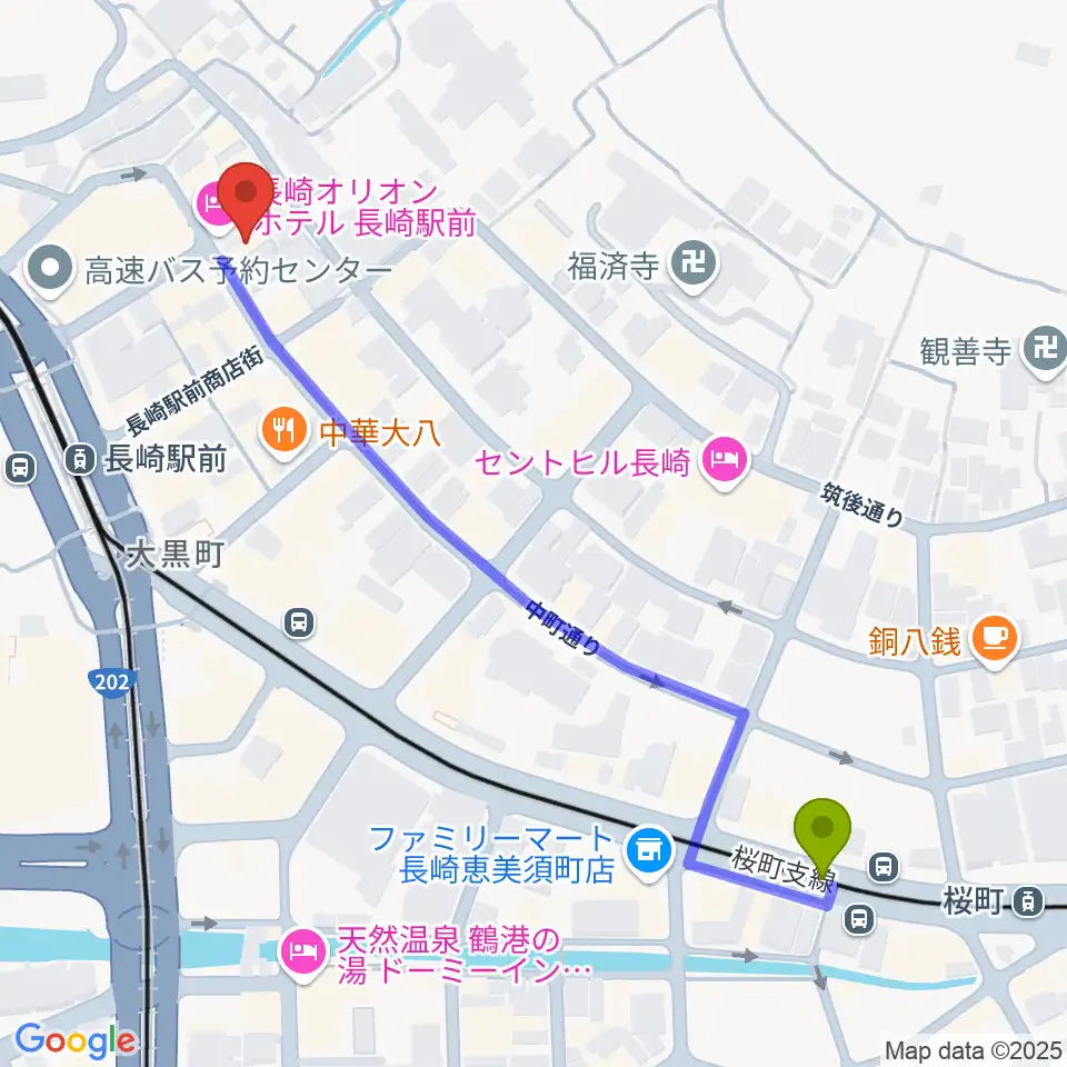 桜町駅から長崎市民FMへのルートマップ地図
