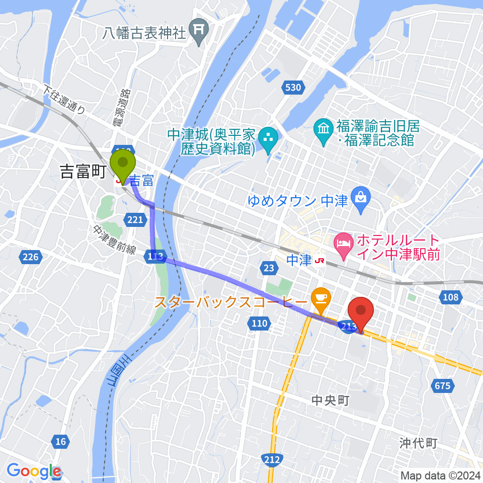 吉富駅からNOAS FM ノースエフエムへのルートマップ地図
