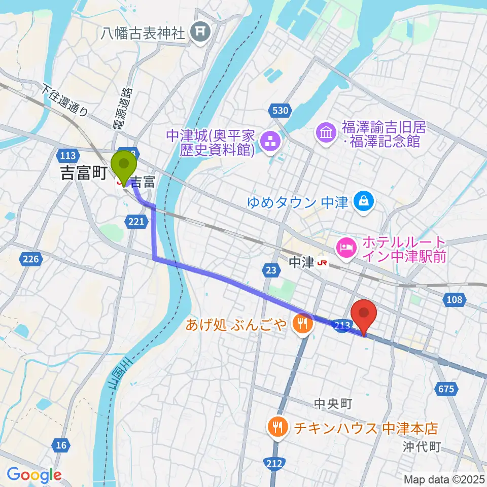 吉富駅からNOAS FM ノースエフエムへのルートマップ地図