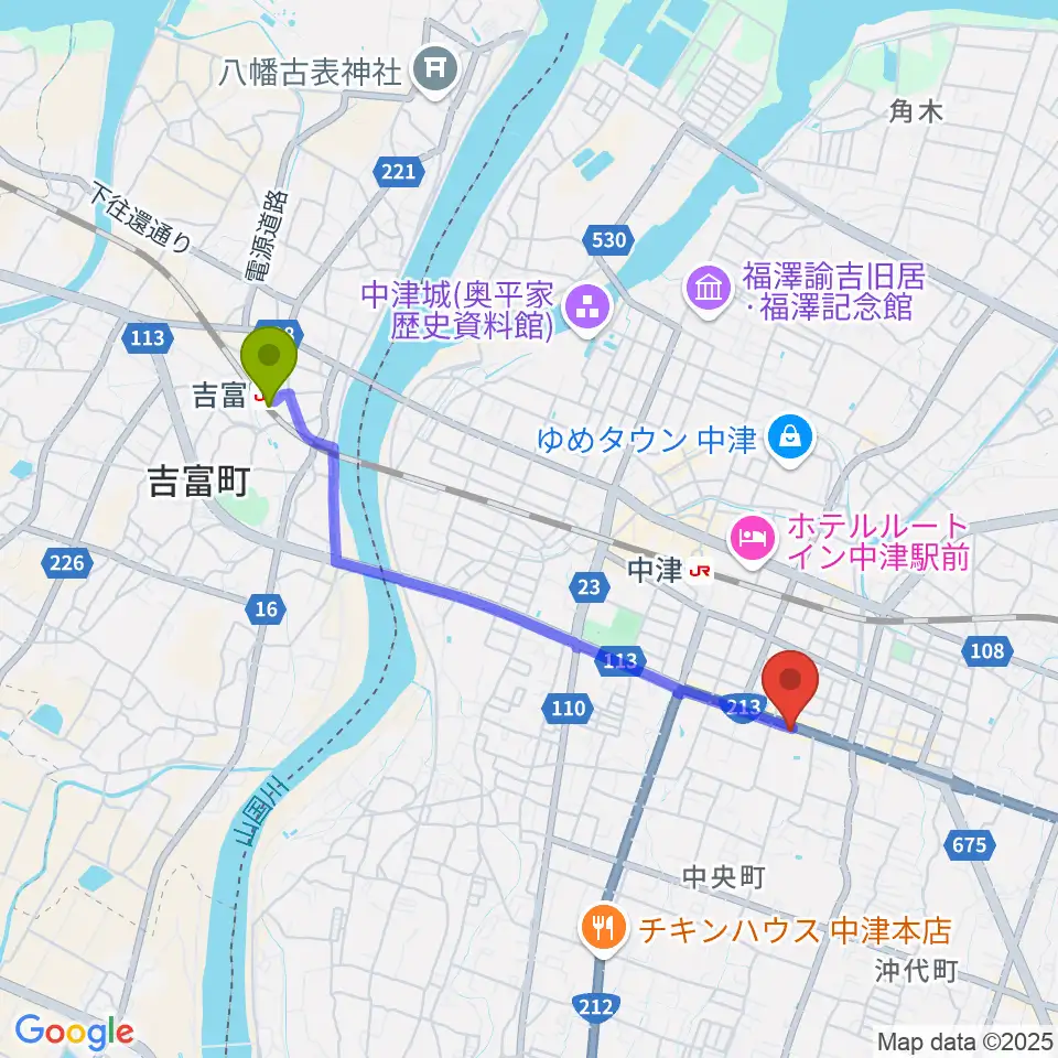 吉富駅からNOAS FM ノースエフエムへのルートマップ地図