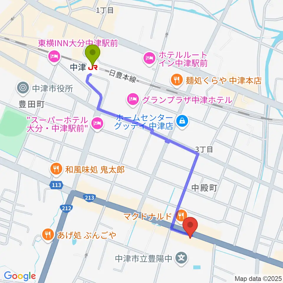 NOAS FM ノースエフエムの最寄駅中津駅からの徒歩ルート（約11分）地図