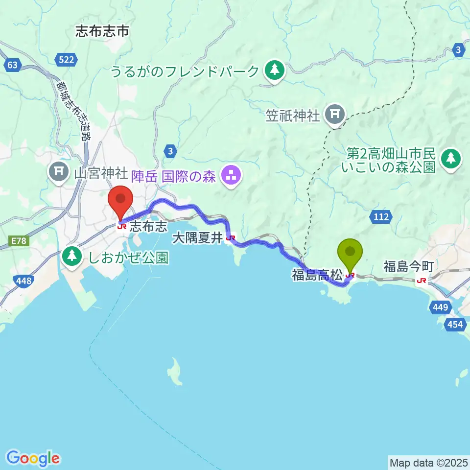 福島高松駅からFM志布志へのルートマップ地図