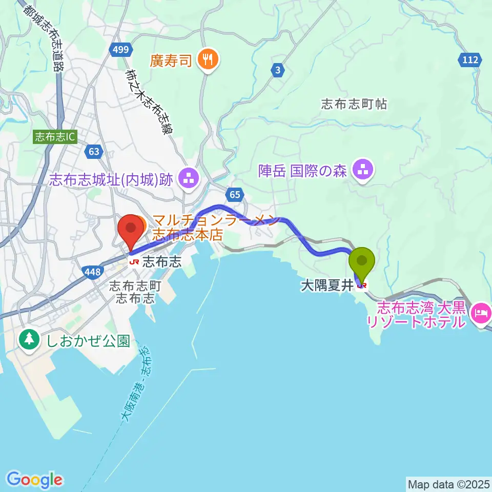 大隅夏井駅からFM志布志へのルートマップ地図