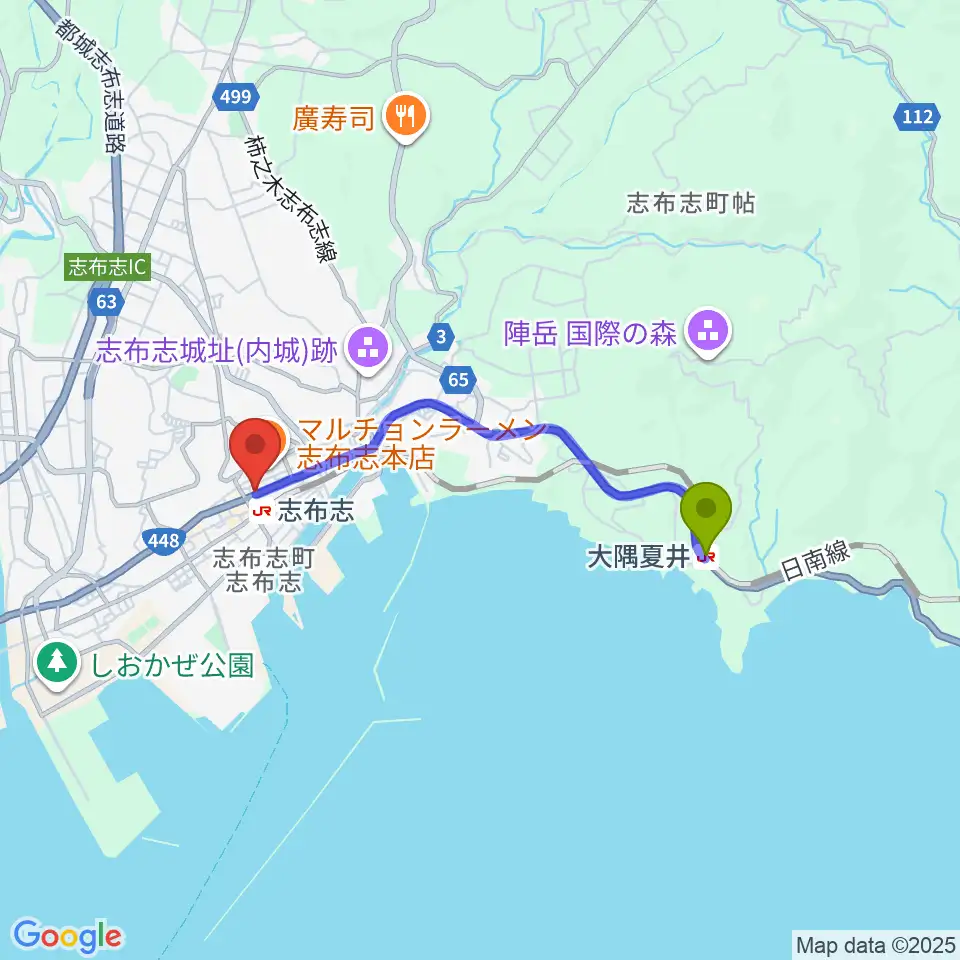 大隅夏井駅からFM志布志へのルートマップ地図