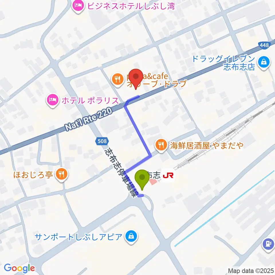 FM志布志の最寄駅志布志駅からの徒歩ルート（約3分）地図