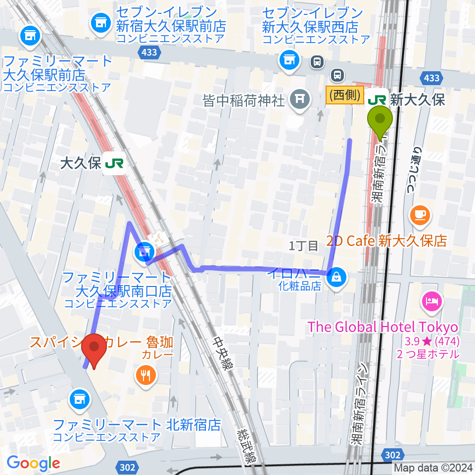 新大久保駅からVantageへのルートマップ地図