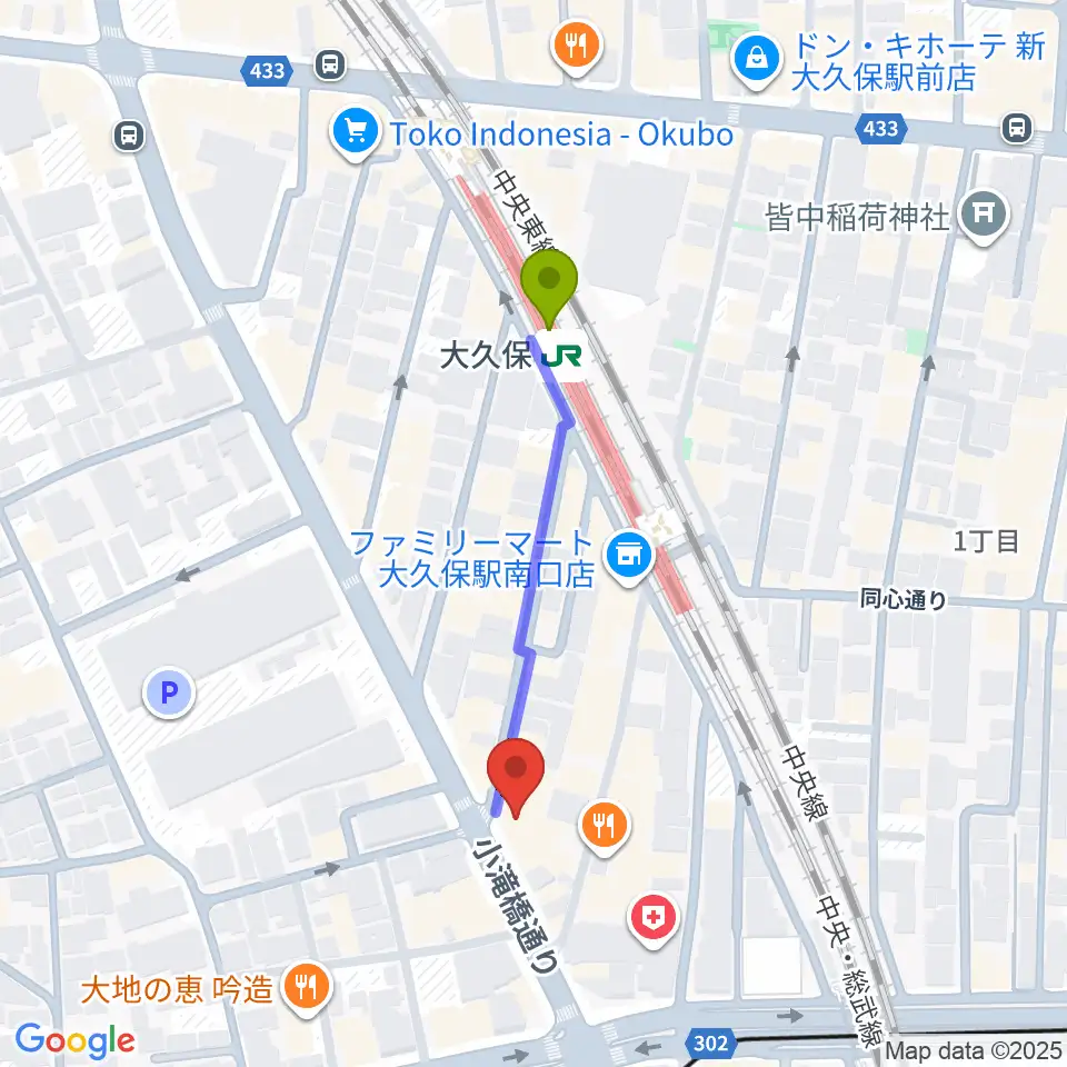 Vantageの最寄駅大久保駅からの徒歩ルート（約4分）地図