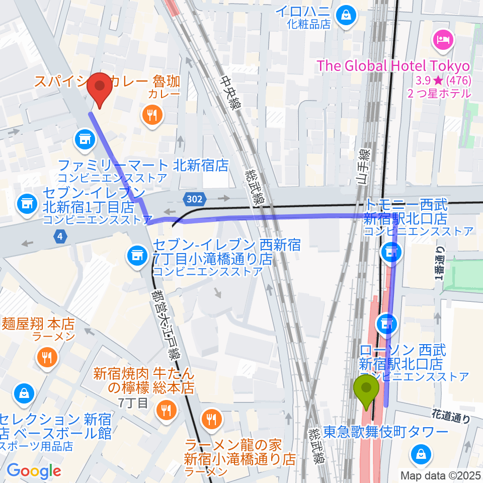 西武新宿駅からVantageへのルートマップ地図