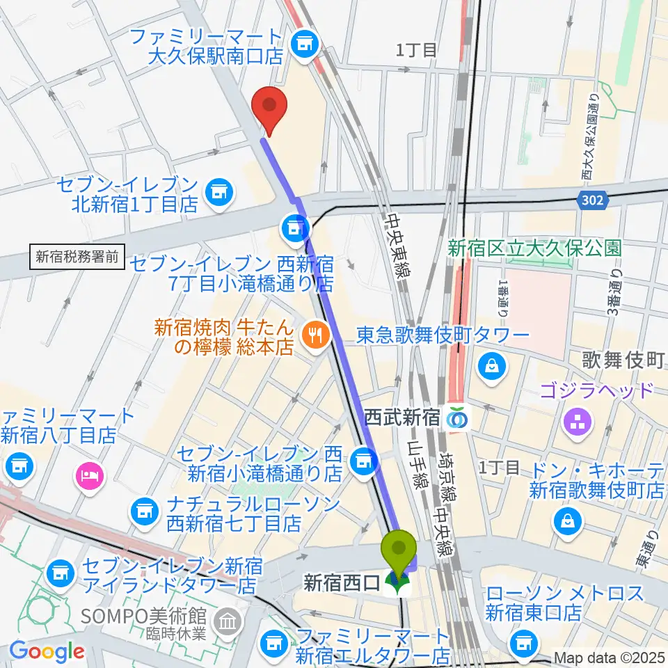 新宿西口駅からVantageへのルートマップ地図