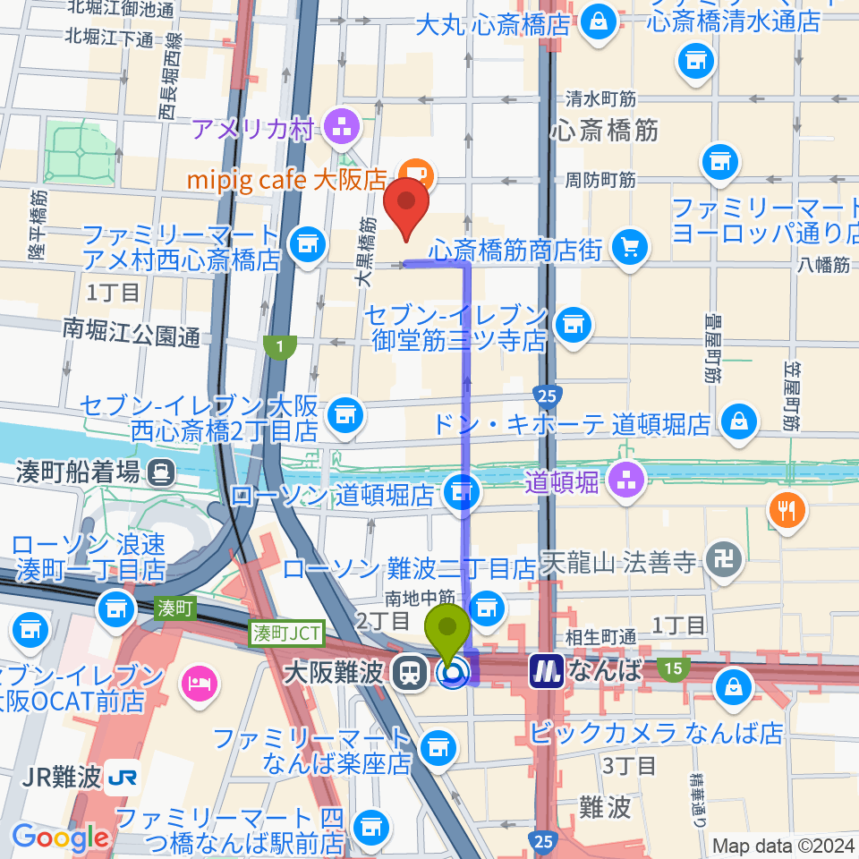 大阪難波駅からグリーンスタジオへのルートマップ地図