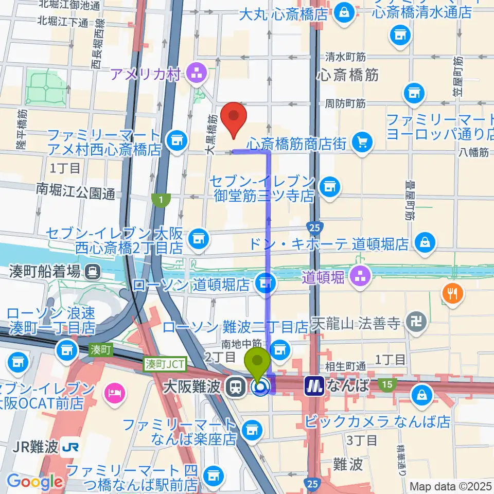 大阪難波駅からグリーンスタジオへのルートマップ地図