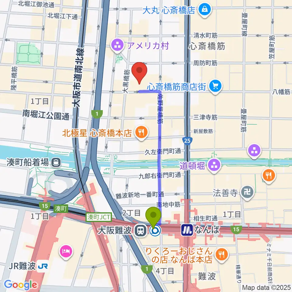 大阪難波駅からグリーンスタジオへのルートマップ地図