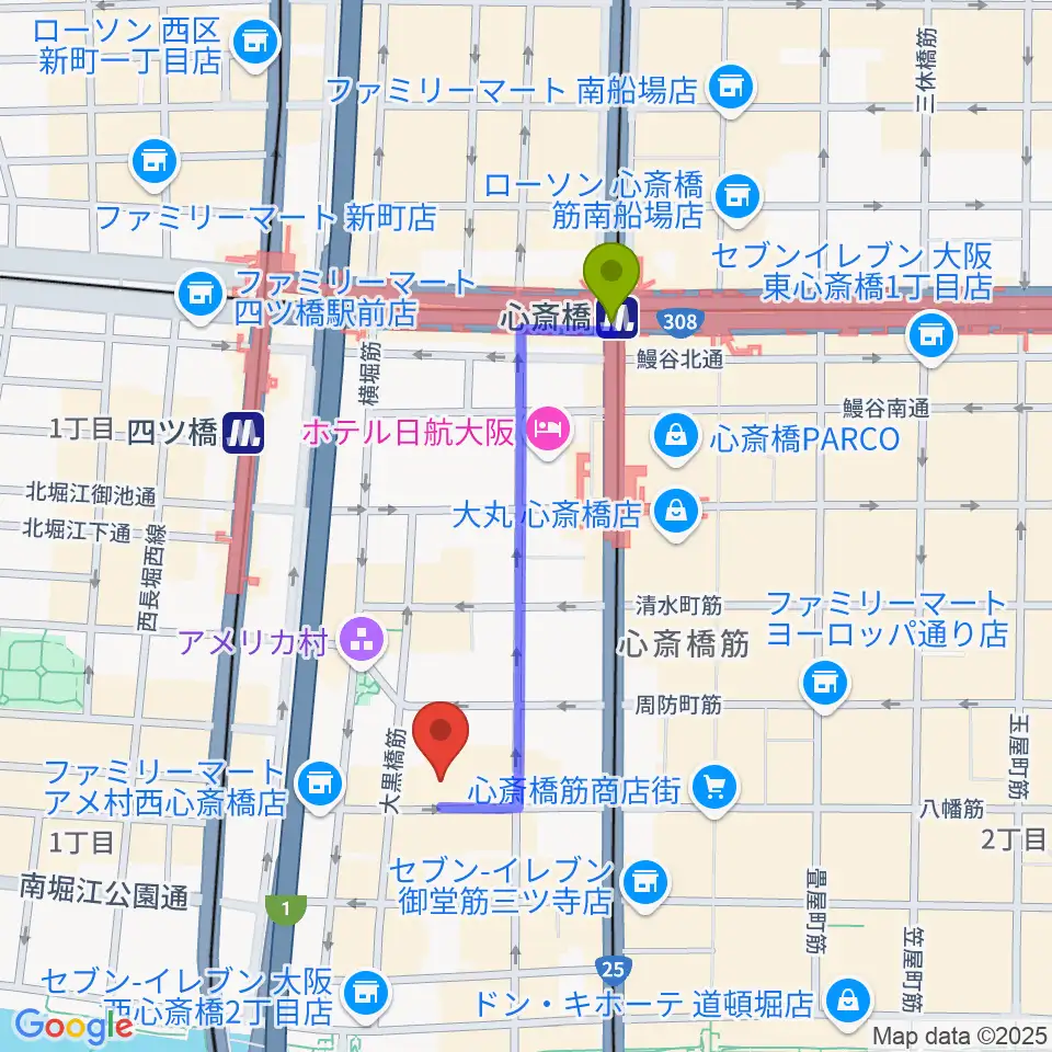 心斎橋駅からグリーンスタジオへのルートマップ地図