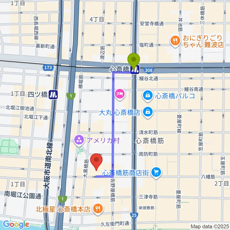 心斎橋駅からグリーンスタジオへのルートマップ地図