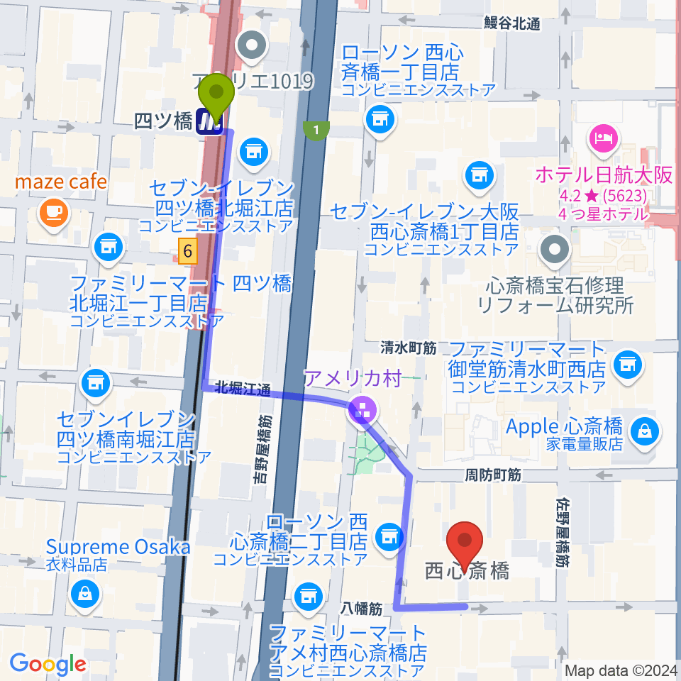 グリーンスタジオの最寄駅四ツ橋駅からの徒歩ルート（約6分）地図