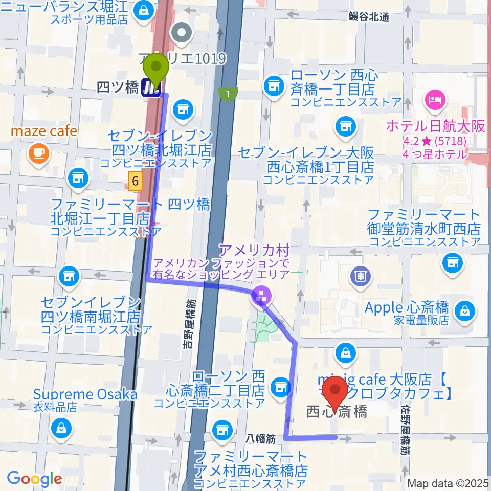 グリーンスタジオの最寄駅四ツ橋駅からの徒歩ルート（約6分）地図