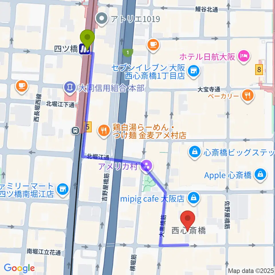グリーンスタジオの最寄駅四ツ橋駅からの徒歩ルート（約6分）地図