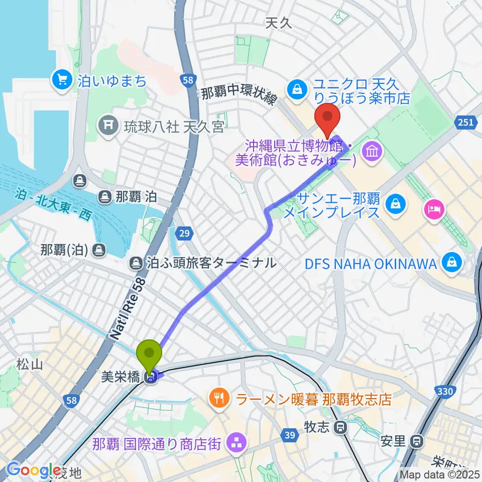 美栄橋駅からFMレキオへのルートマップ地図