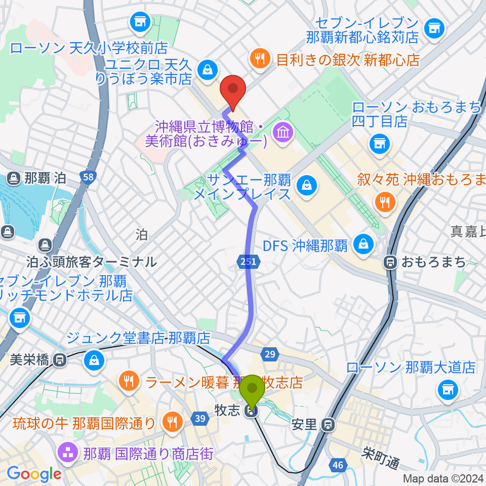 牧志駅からFMレキオへのルートマップ地図