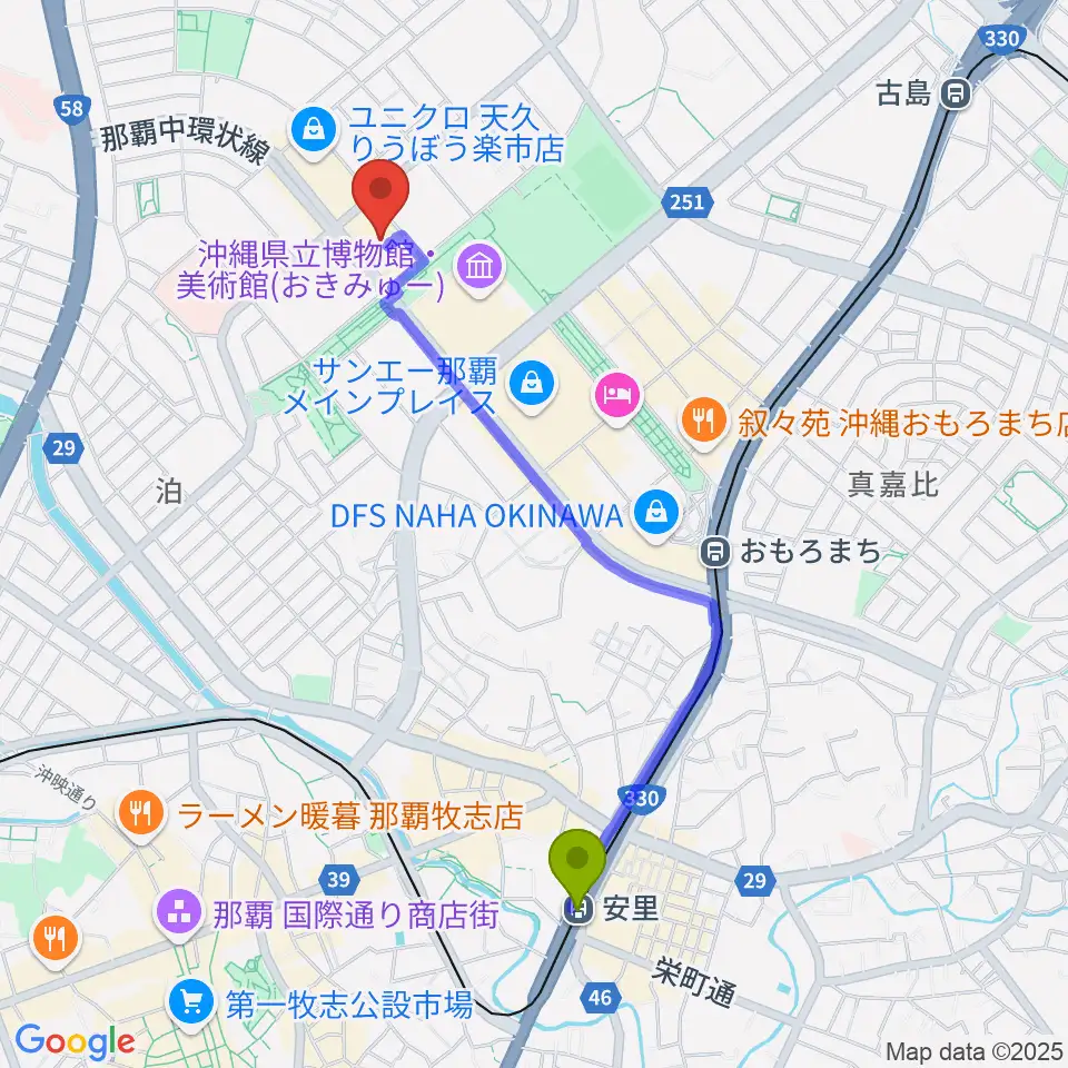 安里駅からFMレキオへのルートマップ地図