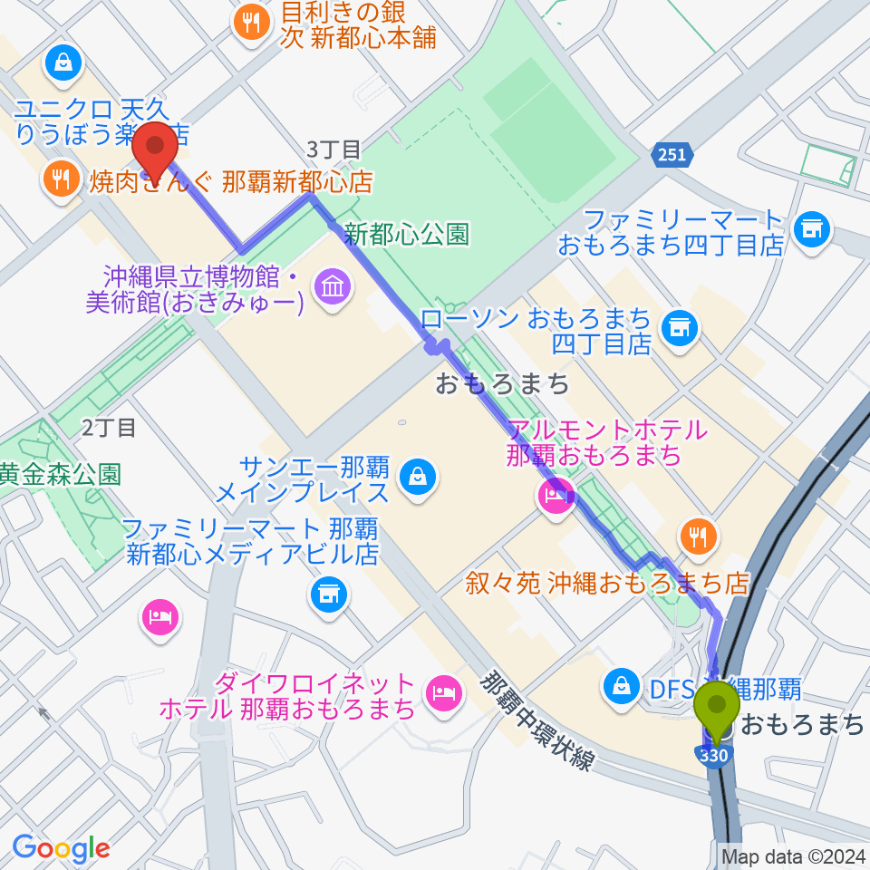 FMレキオの最寄駅おもろまち駅からの徒歩ルート（約16分）地図