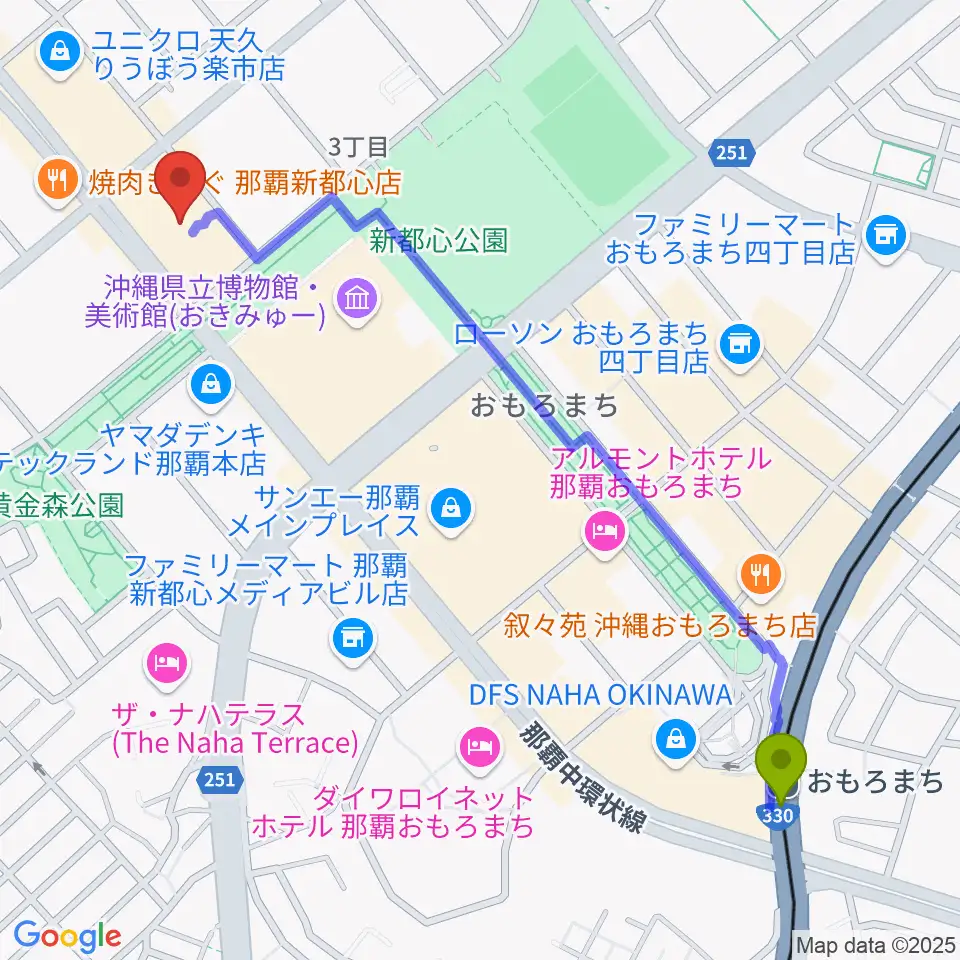FMレキオの最寄駅おもろまち駅からの徒歩ルート（約15分）地図