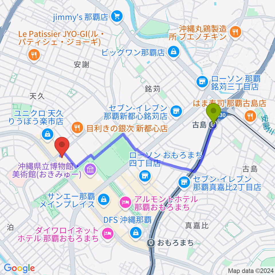 古島駅からFMレキオへのルートマップ地図