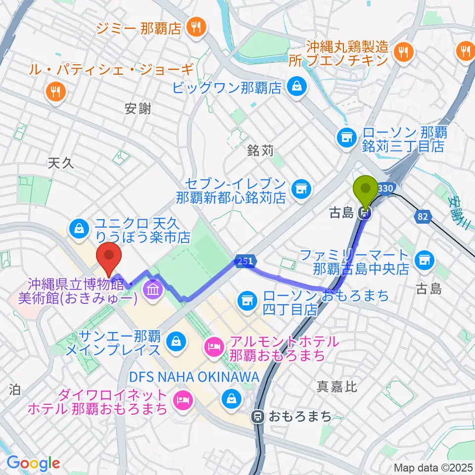 古島駅からFMレキオへのルートマップ地図