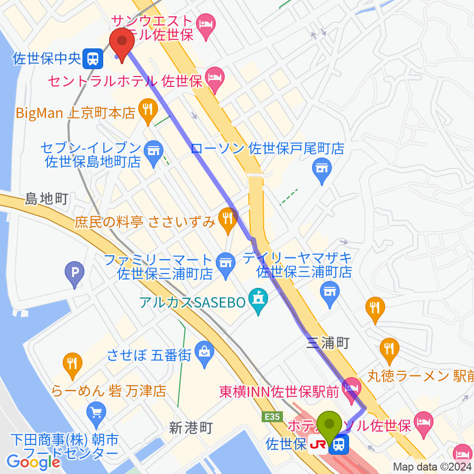 佐世保駅からはっぴぃ！FMへのルートマップ地図