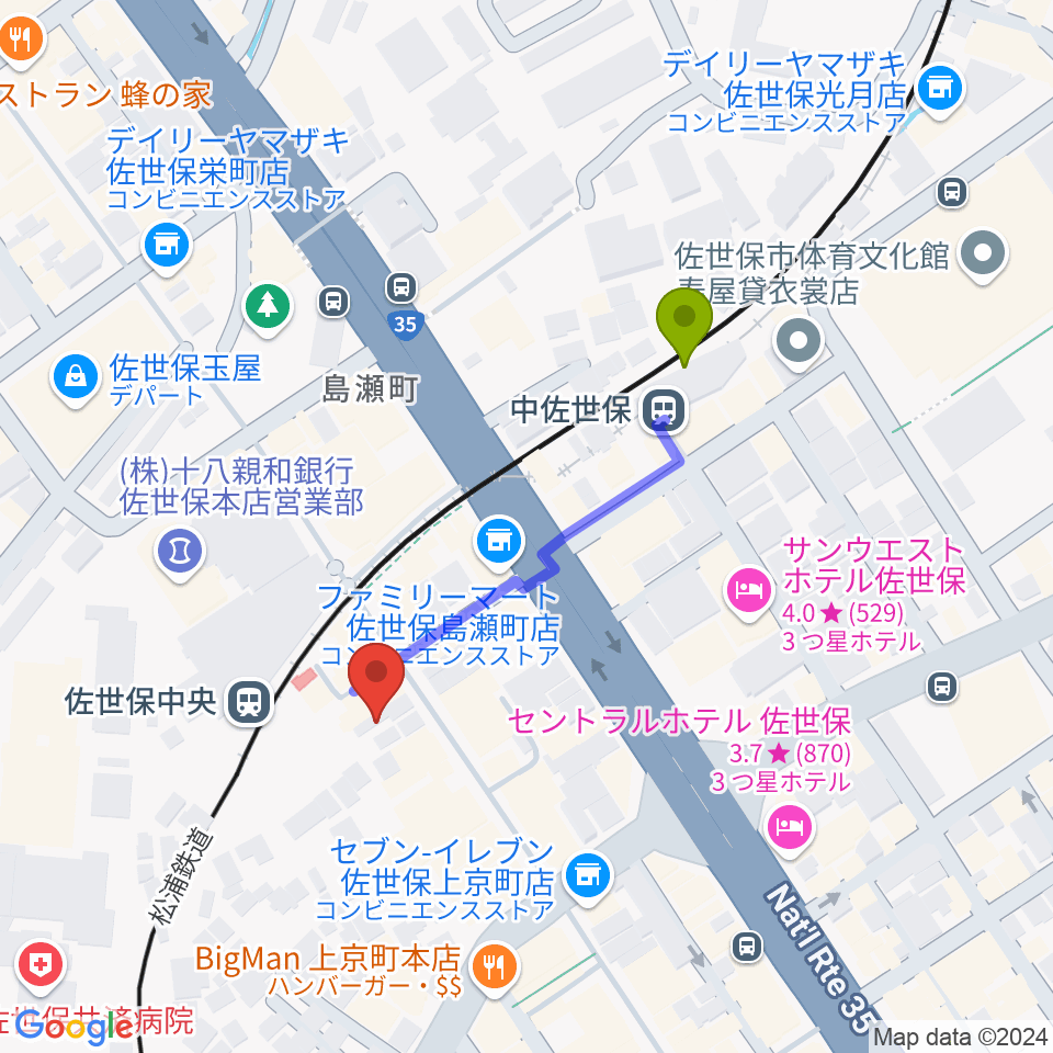 中佐世保駅からはっぴぃ！FMへのルートマップ地図